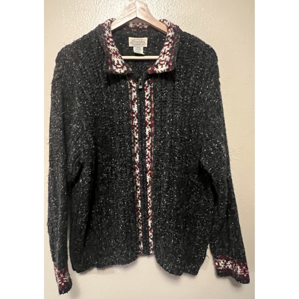 St. Johns Bay Fair Isle Cardigan Sweater Wool Blend Zip Vtg Womens Sz L Gray Red